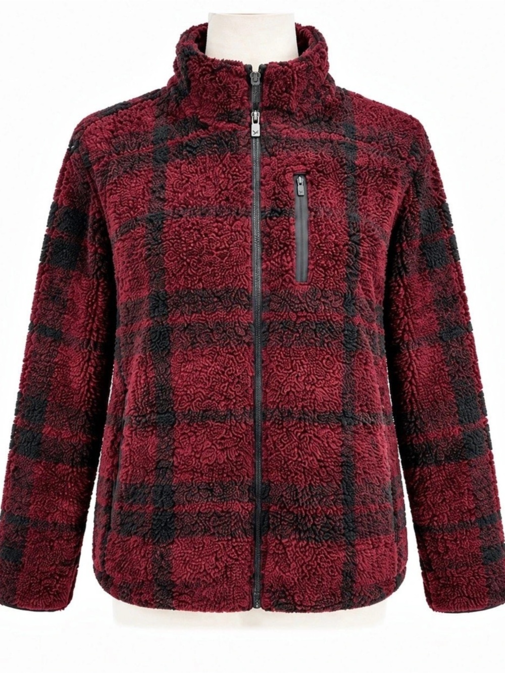 Eddie Bauer Women’s M Sherpa Fleece Jacket Burgundy Black Plaid Full Zip